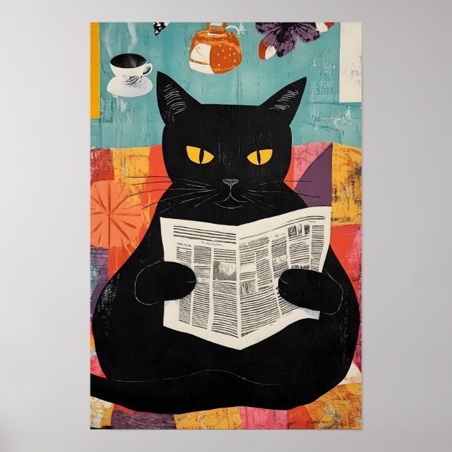 Lustige schwarze Katze liest Zeitung  Poster (Vorne)