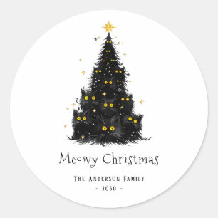 Lustige schwarze Katze Meowy Weihnachtsbaum Runder Aufkleber