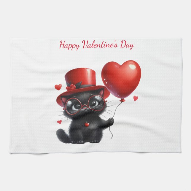 Lustige schwarze Katze mit Ballons Valentinstag Geschirrtuch (Horizontal)