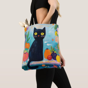 Lustige schwarze Katze mit buntem frischem Obst