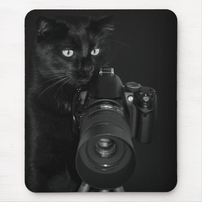Lustige schwarze Katze mit der Kamera Mousepad (Vorne)