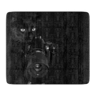 Lustige schwarze Katze mit der Kamera Schneidebrett