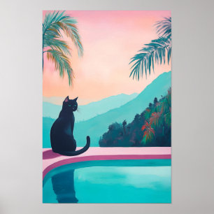Lustige schwarze Katze mit schöner Natur Poster