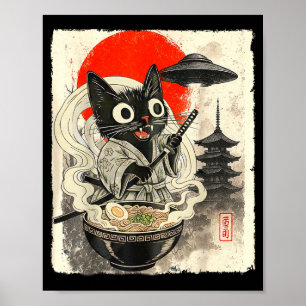 Lustige schwarze Katze Ramen Alien Ufo Entführung Poster