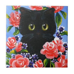 Lustige schwarze Katze rote Rosen Blumen Fliese