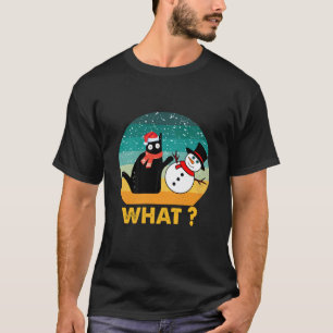 Lustige schwarze Katze schiebt Schneemann Retro Vi T-Shirt