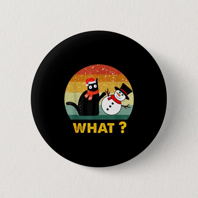 Lustige schwarze Katze schiebt Schneemann Weihnach Button (Vorderseite)
