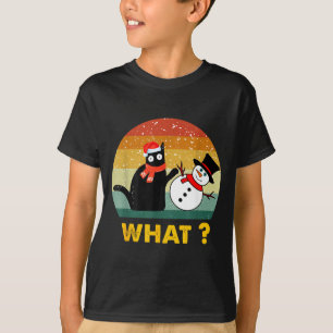 Lustige schwarze Katze schiebt Schneemann Weihnach T-Shirt