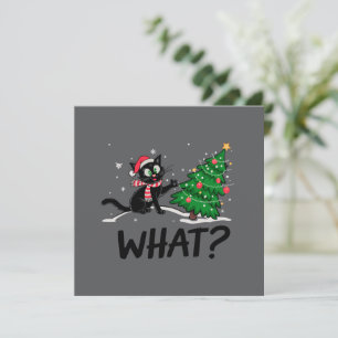 Lustige schwarze Katze schiebt Weihnachtsbaum Katz Feiertagskarte