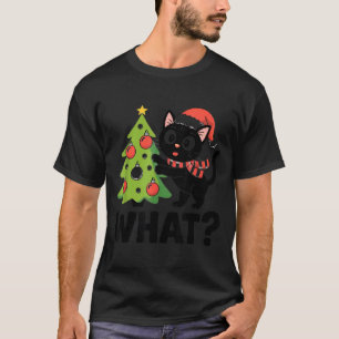 Lustige schwarze Katze schiebt Weihnachtsbaum über T-Shirt