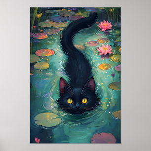 Lustige schwarze Katze schwimmt  Poster