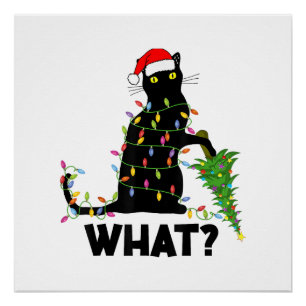 Lustige schwarze Katze stößt Weihnachtsbaum um Kat Poster