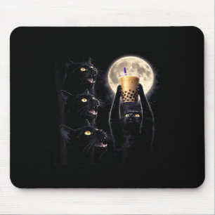 Lustige schwarze Katze trinkt Boba-Tee Mondlicht M Mousepad