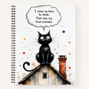 Lustige schwarze Katze überdenkt Zitat auf dem Dac Notizbuch