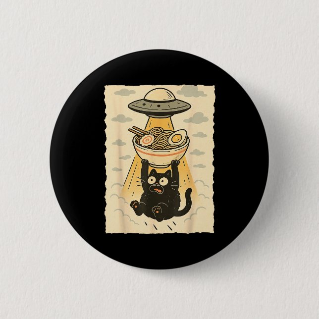 Lustige schwarze Katze Ufo Ramen Alien-Entführung  Button (Vorderseite)