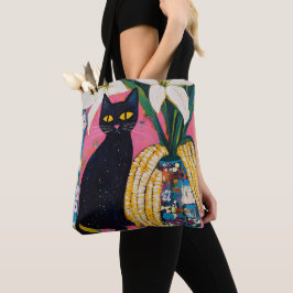 Lustige schwarze Katze und Blumenvase