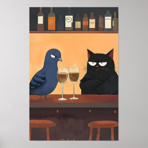 Lustige schwarze Katze und Vogel Poster