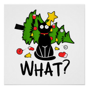Lustige schwarze Katze Weihnachtsbaum Frohe Santa Poster