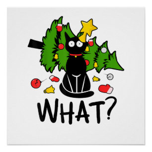 Lustige schwarze Katze Weihnachtsbaum Frohe Santa Poster
