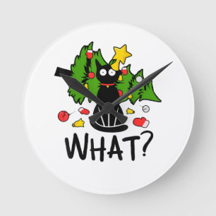 Lustige schwarze Katze Weihnachtsbaum Frohe Santa  Runde Wanduhr