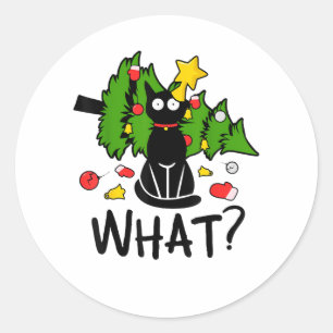 Lustige schwarze Katze Weihnachtsbaum Frohe Santa Runder Aufkleber