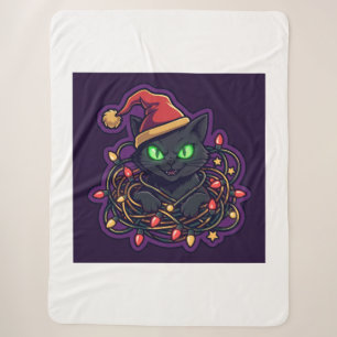 Lustige schwarze Katze Weihnachtslichter Decke Sherpadecke