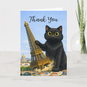Lustige schwarze Katze wirft den Eiffelturm um Dan Karte