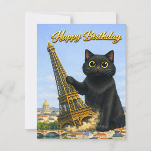 Lustige schwarze Katze wirft den Eiffelturm zum Ge Dankeskarte