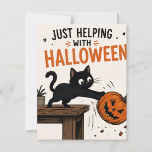 Lustige schwarze Katze wirft Kürbis Halloween um Einladung