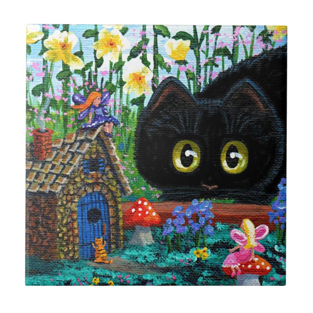 Lustige schwarze Katzen-feenhafte Garten-Hütte Fliese (Vorderseite)