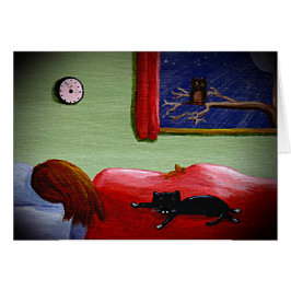 Lustige schwarze Katzen-Mädchen-Eulen-Karte