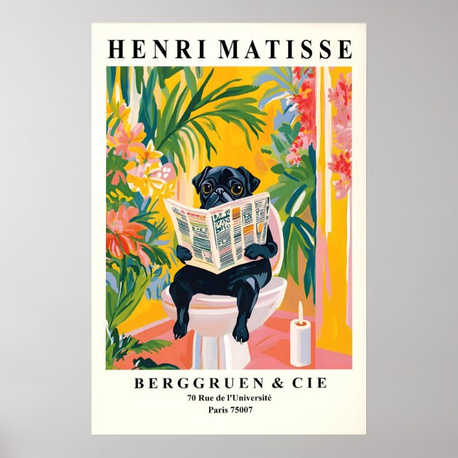 Lustige schwarze Mops-Badezimmer-Drucke im Matisse Poster (Vorne)