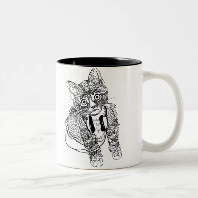 Lustige schwarze u. weiße Katze in der Zweifarbige Tasse (Rechts)