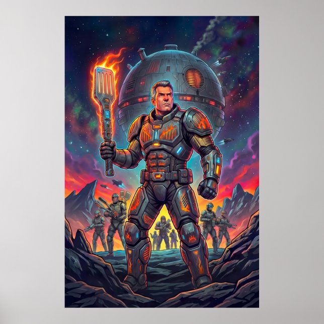 Lustige Sci-Fi-Comic Alien-Grillmeister Pop-Art Poster (Vorne)