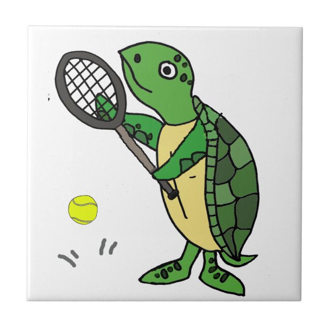Lustige Seeschildkröte, die Tennis-Cartoon spielt Fliese (Vorderseite)