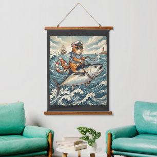 Lustige Seglerkatze Reitet Tuna Fisch Vintage Wandteppich Mit Holzrahmen
