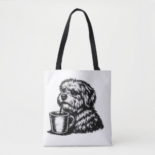 Lustige Shaggy-Dogge trinkt Kaffee Skizze Tote Bag