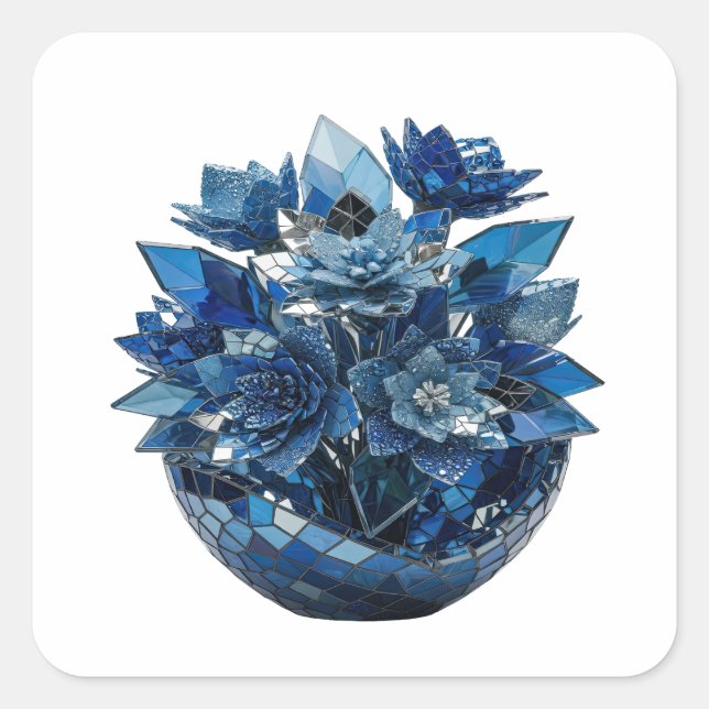 Lustige Silberne BLAUE GLASBLUMEN Sticker Design (Vorderseite)