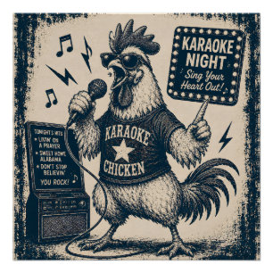 Lustige singende Hahn Vintage-Musik-Illustration Poster