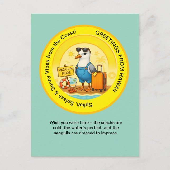lustige sonnige Destination Seagull Beach Gruß Postkarte (Vorderseite)