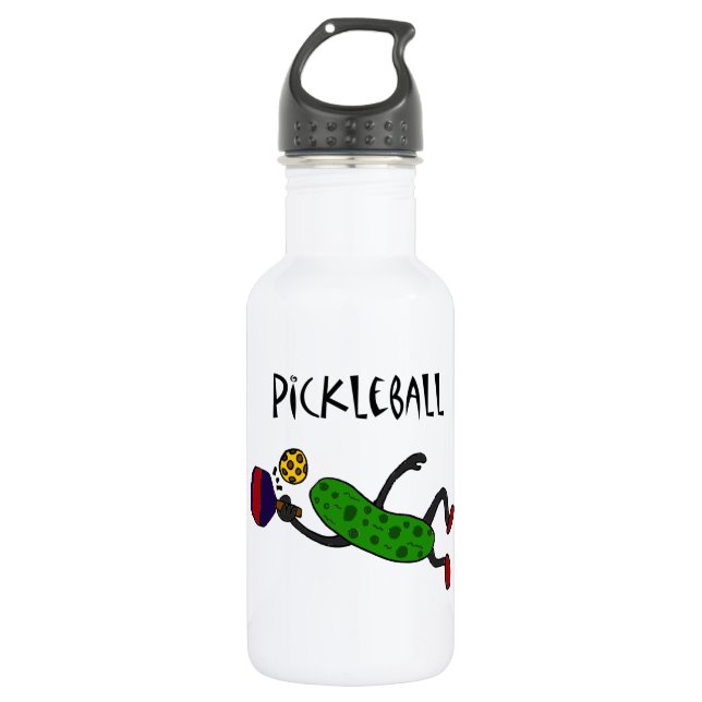 Lustige Springenessiggurke, die Pickleball spielt Trinkflasche (Vorderseite)