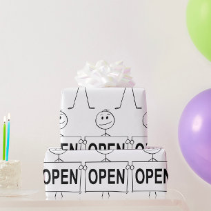 Lustige Stockfigur mit offenem Schild  Geschenkpapier