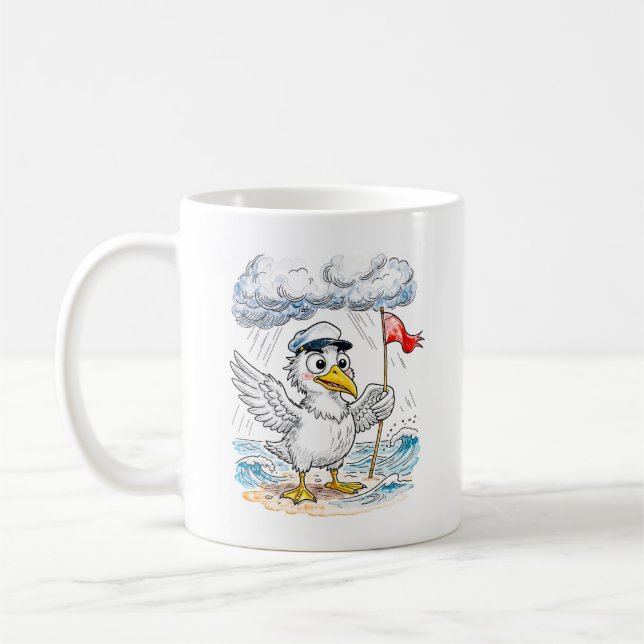 Lustige Strandwind-Postkarte mit Vogel Kaffeetasse (Links)