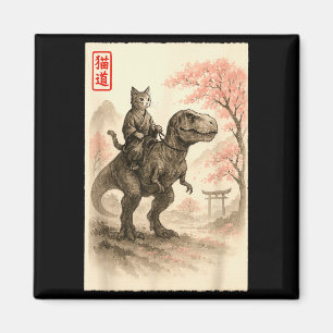 Lustige Sumi-e Kawaii Katze Reitet Dinosaurier Jap Magnet