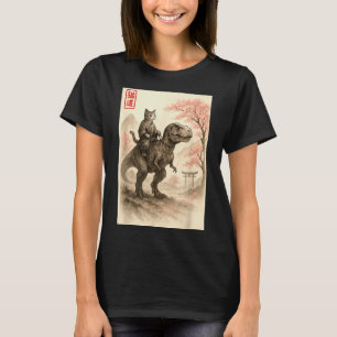 Lustige Sumi-e Kawaii Katze reitet Dinosaurier Jap T-Shirt