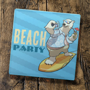 Lustige Surfende Eisbär-Strandparty-Cartoon Glasuntersetzer
