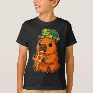 Lustige süße Capybara isst Pizza mit Turtle Anime T-Shirt