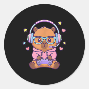 Lustige süße kawaii Capybara-Gamer-Jungs Runder Aufkleber