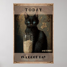 Lustige süße schwarze Katze trinkt Milch