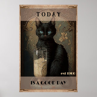 Lustige süße schwarze Katze trinkt Milch Poster